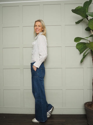 Bibi Striped Ruffle Blouse with Shirred Cuffs - Baby Blue, Mint Green, Off White and Pink Blue