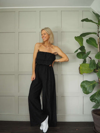 Iconic Off The Shoulder Broderie Anglaise Jumpsuit with Front Frill and Lined Trouser - 5 Colours