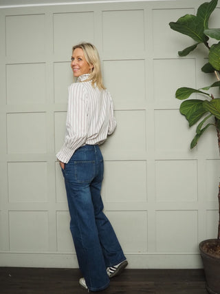 Bibi Striped Ruffle Blouse with Shirred Cuffs - Baby Blue, Mint Green, Off White and Pink Blue