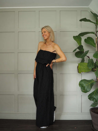 Iconic Off The Shoulder Broderie Anglaise Jumpsuit with Front Frill and Lined Trouser - 5 Colours