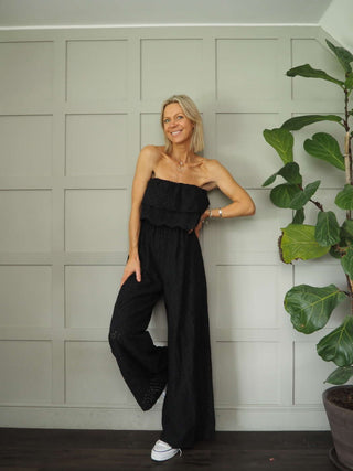 Iconic Off The Shoulder Broderie Anglaise Jumpsuit with Front Frill and Lined Trouser - 5 Colours