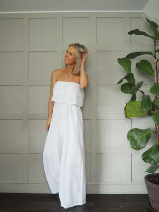 Iconic Off The Shoulder Broderie Anglaise Jumpsuit with Front Frill and Lined Trouser - 5 Colours