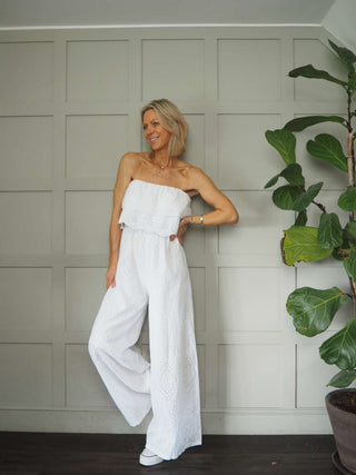 Iconic Off The Shoulder Broderie Anglaise Jumpsuit with Front Frill and Lined Trouser - 5 Colours