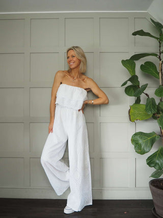 Iconic Off The Shoulder Broderie Anglaise Jumpsuit with Front Frill and Lined Trouser - 5 Colours