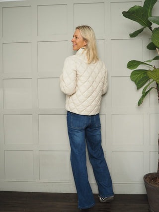 Olla Short Lightweight Jacket with Diamond Quilt Detail &amp; Zip Fastening by Part Two - Navy Blue and Buttermilk