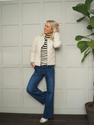 Olla Short Lightweight Jacket with Diamond Quilt Detail &amp; Zip Fastening by Part Two - Navy Blue and Buttermilk