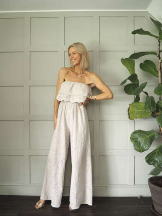 Iconic Off The Shoulder Broderie Anglaise Jumpsuit with Front Frill and Lined Trouser - 5 Colours