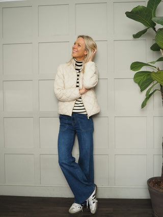 Olla Short Lightweight Jacket with Diamond Quilt Detail &amp; Zip Fastening by Part Two - Navy Blue and Buttermilk