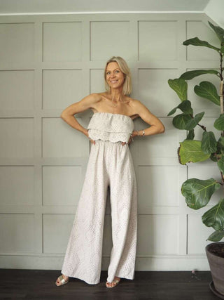 Iconic Off The Shoulder Broderie Anglaise Jumpsuit with Front Frill and Lined Trouser - 5 Colours