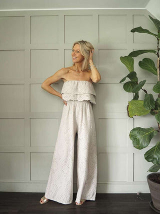 Iconic Off The Shoulder Broderie Anglaise Jumpsuit with Front Frill and Lined Trouser - 5 Colours