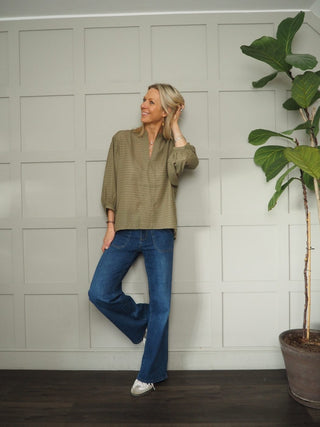 Kettie Amily V-Neck Blouse with Balloon Cropped Sleeves by Soaked - Olive Green