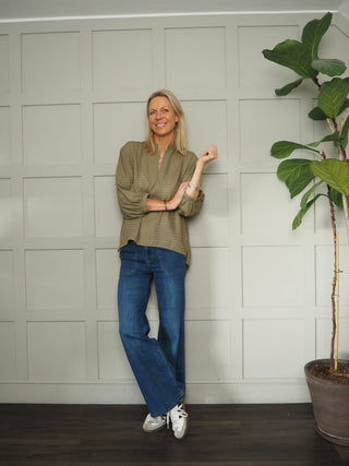 Kettie Amily V-Neck Blouse with Balloon Cropped Sleeves by Soaked - Olive Green