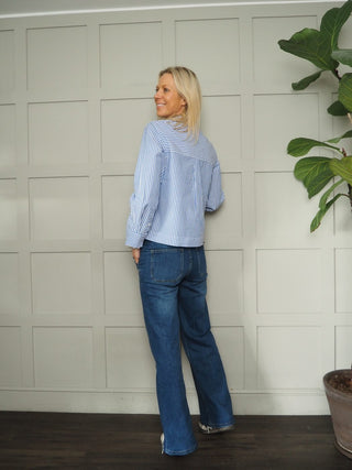 Pranvera Blouse with Frill Detail by Part Two - Blue/White Stripes, White