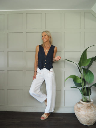 Everley Linen Waistcoat, Unlined with Faux Pockets &amp; Wooden Front Button Detail - 5 Colours