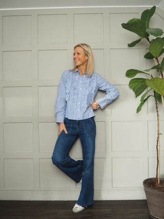 Pranvera Blouse with Frill Detail by Part Two - Blue/White Stripes, White