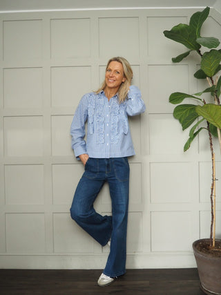 Pranvera Blouse with Frill Detail by Part Two - Blue/White Stripes, White