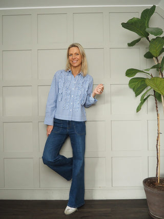 Pranvera Blouse with Frill Detail by Part Two - Blue/White Stripes, White