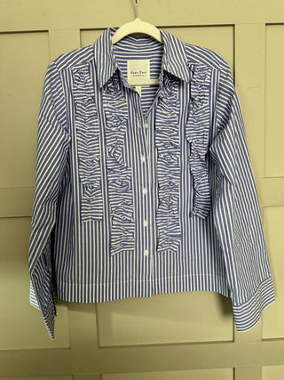 Pranvera Blouse with Frill Detail by Part Two - Blue/White Stripes, White