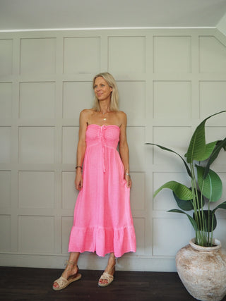 Melissa Cheesecloth Strapless Dress - Hot Coral, Hot Pink, Khaki, Neon Orange, White