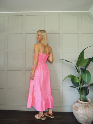 Melissa Cheesecloth Strapless Dress - Hot Coral, Hot Pink, Khaki, Neon Orange, White