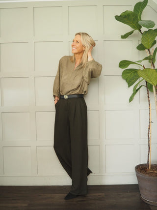 Genette Wide Leg Tailored Trousers by Moss Copenhagen - Dark Khaki Green