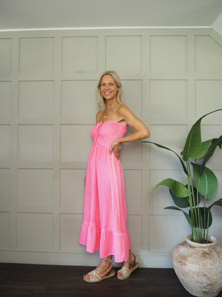 Melissa Cheesecloth Strapless Dress - Hot Coral, Hot Pink, Khaki, Neon Orange, White