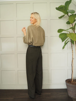 Genette Wide Leg Tailored Trousers by Moss Copenhagen - Dark Khaki Green