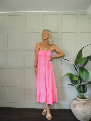 Melissa Cheesecloth Strapless Dress - Hot Coral, Hot Pink, Khaki, Neon Orange, White