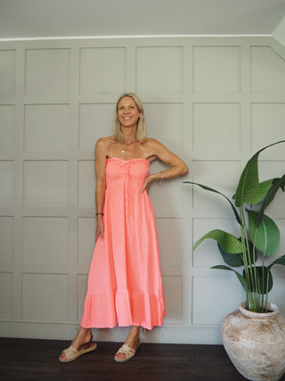 Melissa Cheesecloth Strapless Dress - Hot Coral, Hot Pink, Khaki, Neon Orange, White