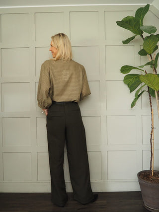 Genette Wide Leg Tailored Trousers by Moss Copenhagen - Dark Khaki Green