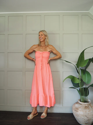Melissa Cheesecloth Strapless Dress - Hot Coral, Hot Pink, Khaki, Neon Orange, White