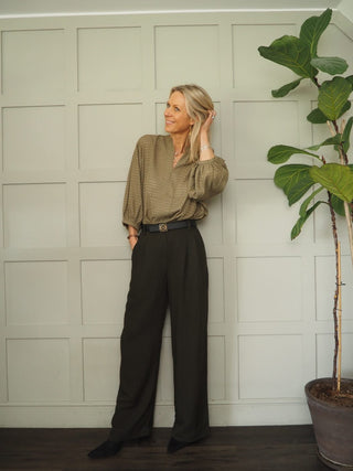 Genette Wide Leg Tailored Trousers by Moss Copenhagen - Dark Khaki Green