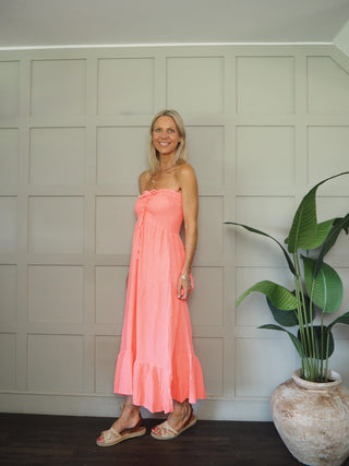 Melissa Cheesecloth Strapless Dress - Hot Coral, Hot Pink, Khaki, Neon Orange, White