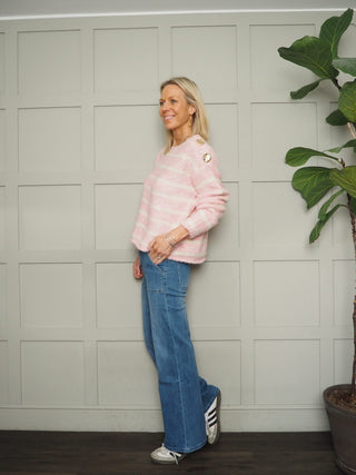 Davina Striped Jumper with Gold Buttons - Baby Blue, Baby Pink, Coral, Ecru