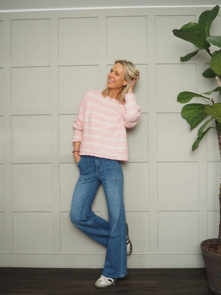 Davina Striped Jumper with Gold Buttons - Baby Blue, Baby Pink, Coral, Ecru