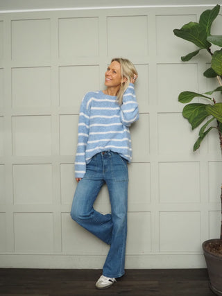 Davina Striped Jumper with Gold Buttons - Baby Blue, Baby Pink, Coral, Ecru