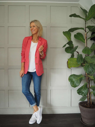 Kinga Single-Breasted, Linen Blazer with Faux Pockets by Part Two - Navy Blue, Oatmeal, Pale Pink, Raspberry, Sage Green