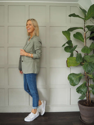 Kinga Single-Breasted, Linen Blazer with Faux Pockets by Part Two - Navy Blue, Oatmeal, Pale Pink, Raspberry, Sage Green