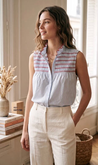 Gresham Sleeveless Blouse with Smocking and Scallop Detail  - Blue/White