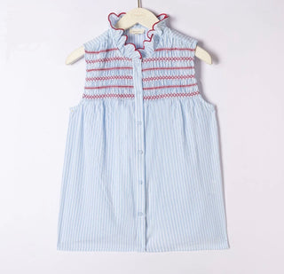 Gresham Sleeveless Blouse with Smocking and Scallop Detail  - Blue/White