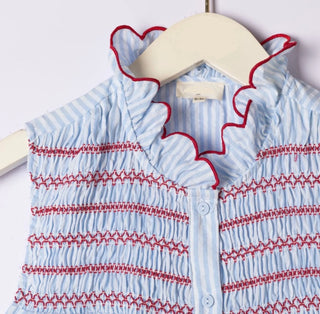 Gresham Sleeveless Blouse with Smocking and Scallop Detail  - Blue/White