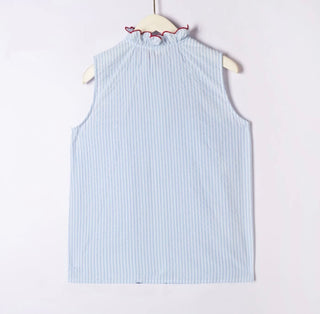 Gresham Sleeveless Blouse with Smocking and Scallop Detail  - Blue/White