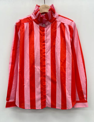 Northcote Striped Blouse with High Ruffle Collar - Orange/Pink