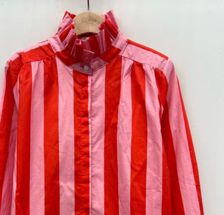 Northcote Striped Blouse with High Ruffle Collar - Orange/Pink