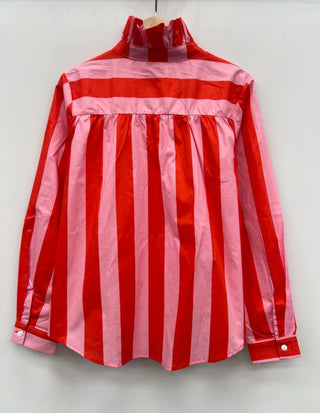 Northcote Striped Blouse with High Ruffle Collar - Orange/Pink