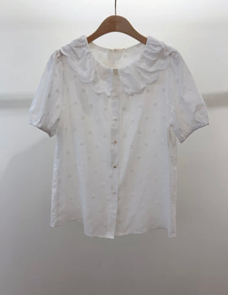 Cousley Short Sleeve Spotty Blouse with Peter Pan Collar  - Off White