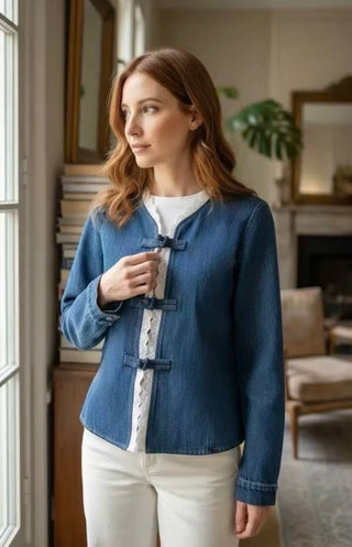 Mary Denim Jacket with Broderie Anglaise Detail - Denim Blue