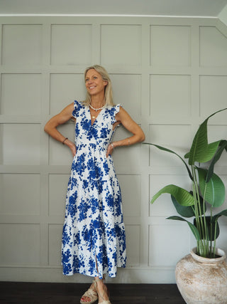 Clement Broderie Anglaise Floral Dress - Blue/White