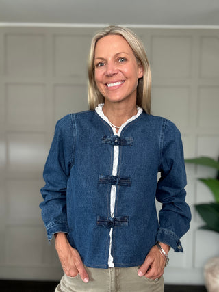 Mary Denim Jacket with Broderie Anglaise Detail - Denim Blue