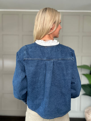 Mary Denim Jacket with Broderie Anglaise Detail - Denim Blue